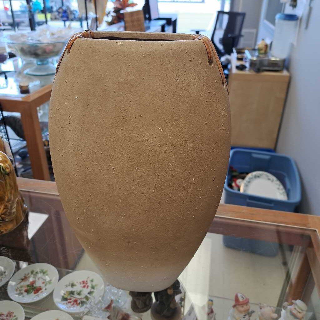Ceramic Beige & White Tall Vase With Bamboo Strapping at Top