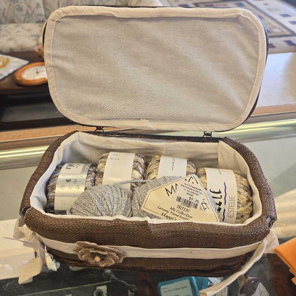 Wooden Wicker Box with Assorted Yarns