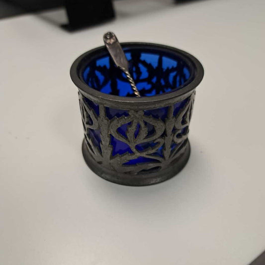 Vintage Barker Bros Sterling Silver Salt Pot W/Cobalt Blue Glass Insert
