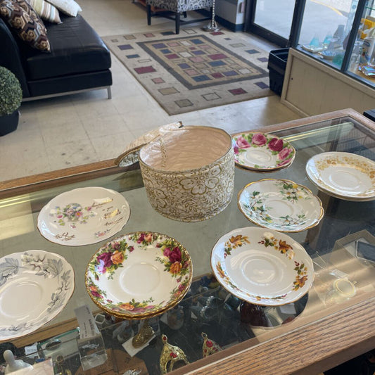 8 Floral China Saucers and Carrier