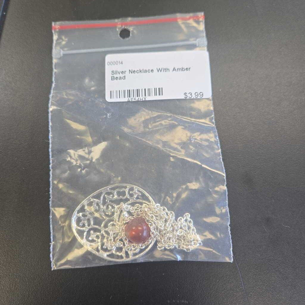 Silver Necklace With Amber Bead