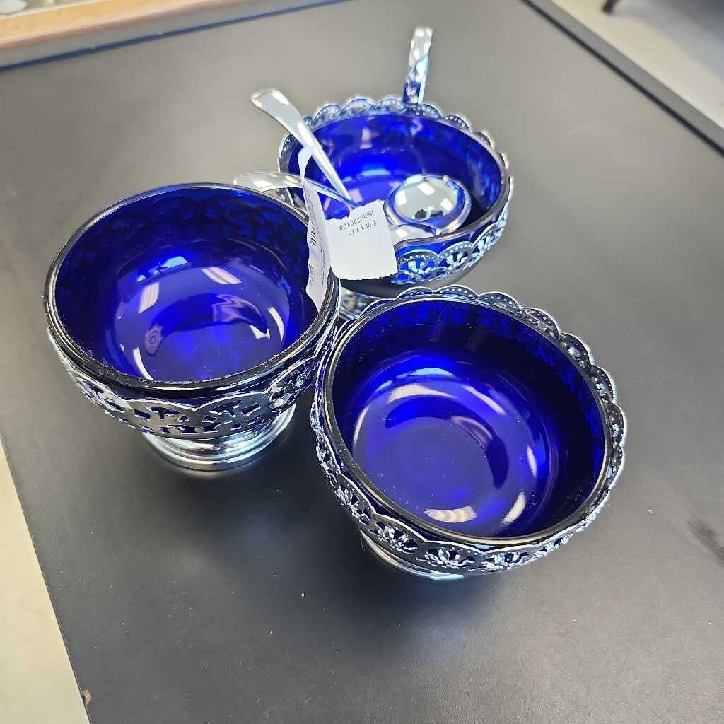 3 Piece Silver Cobalt Blue Creamer And Sugar Set