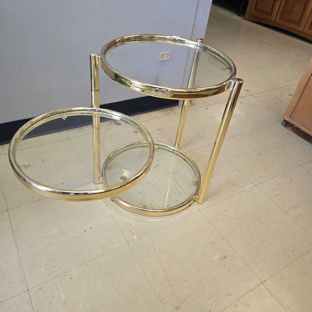 Vintage Three-Tiered Brass & Glass Swivel Side Table