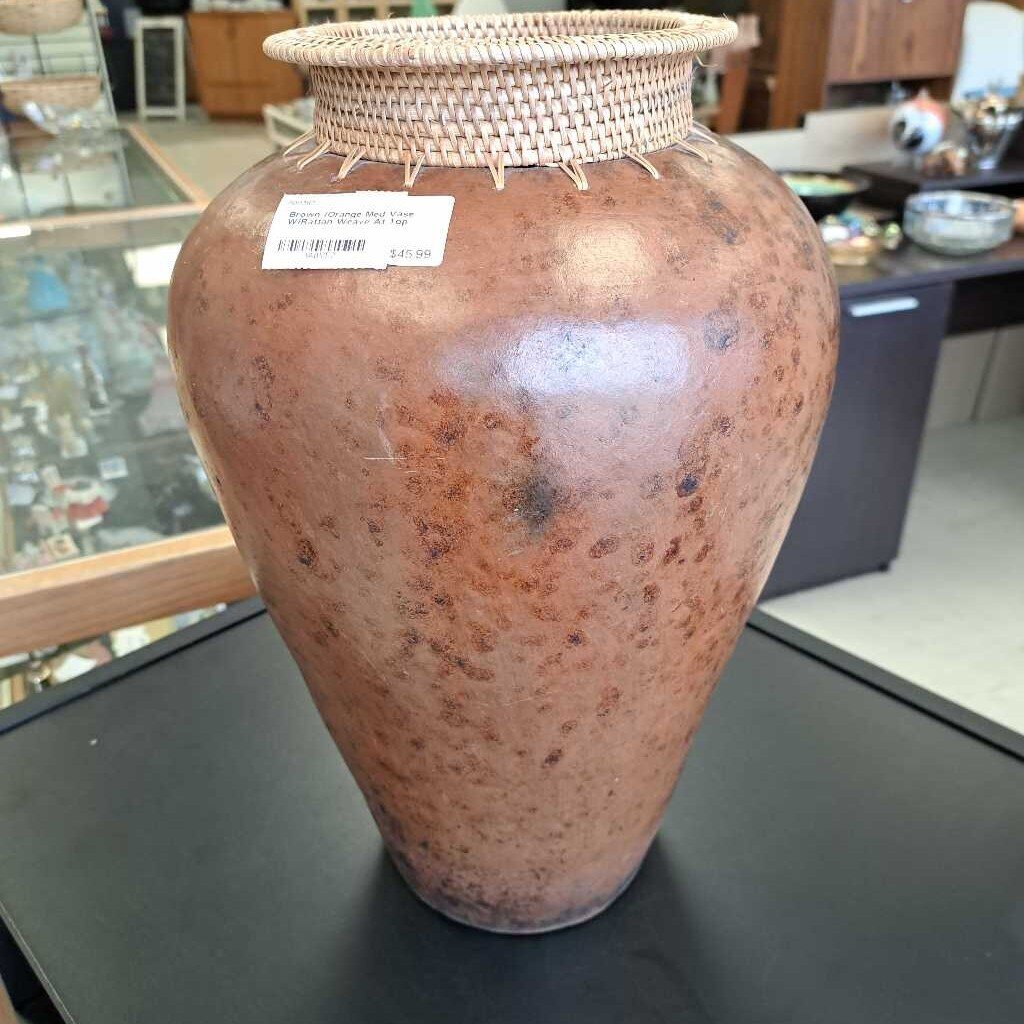 Brown /Orange Med Vase W/Rattan Weave At Top