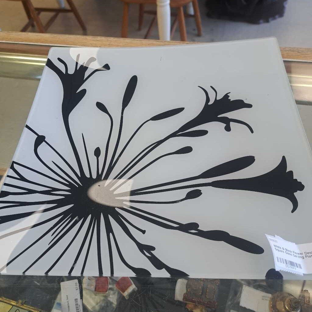 White & Black Flower Design Square Glass Serving Plate