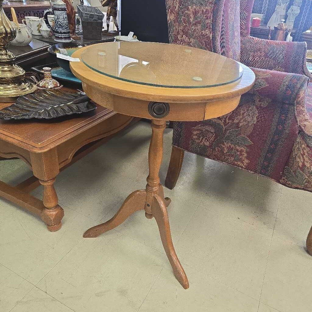 Vintage Round Pedestal Table With Glass Top And Drawer