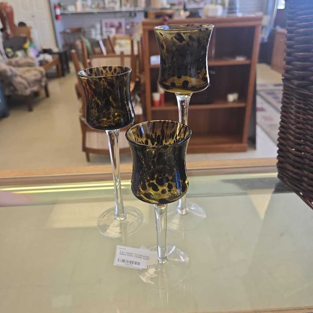 3 pc Amber Tortoiseshell Glass Stem Candle Holder