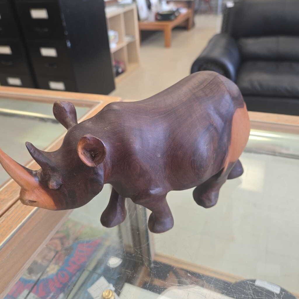 Hand Carved Solid Walnut Rhino Sculpture