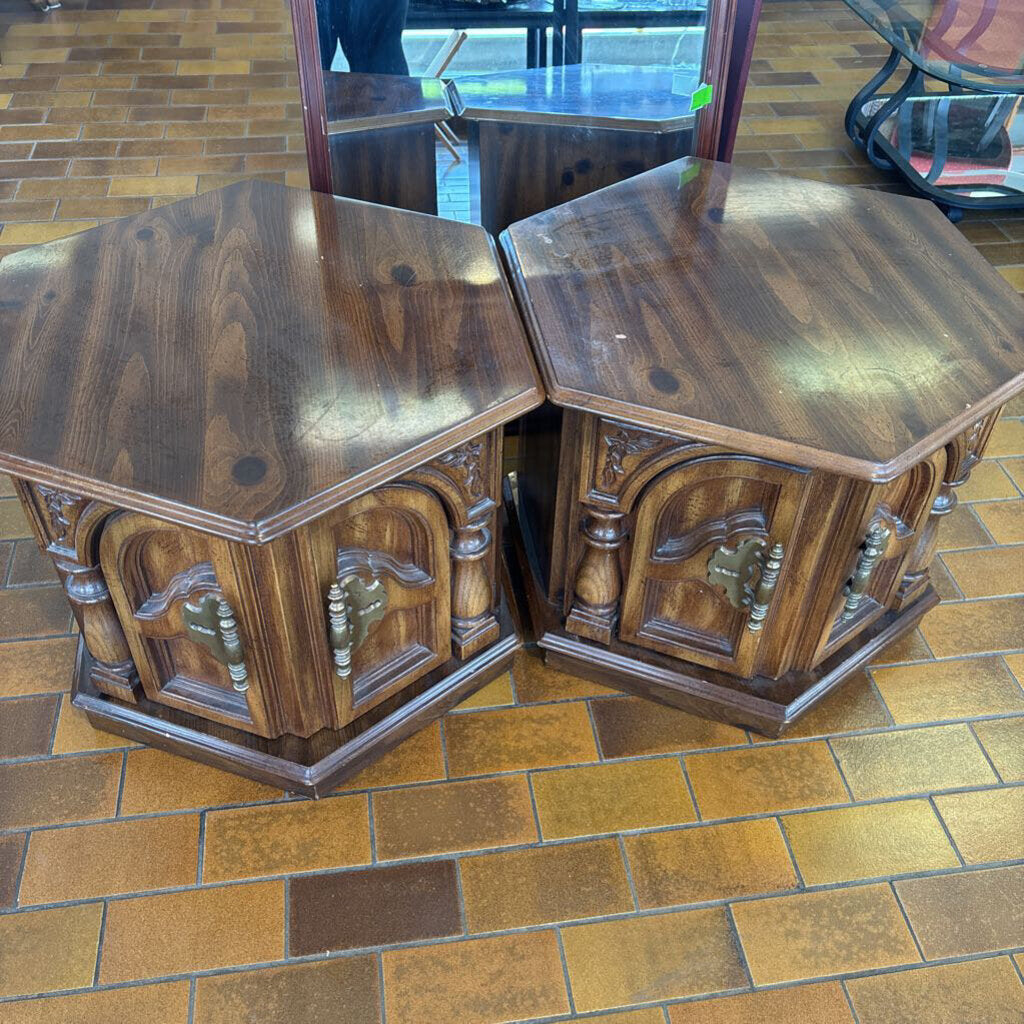 Wooden Hexagon Side Tables - Pair