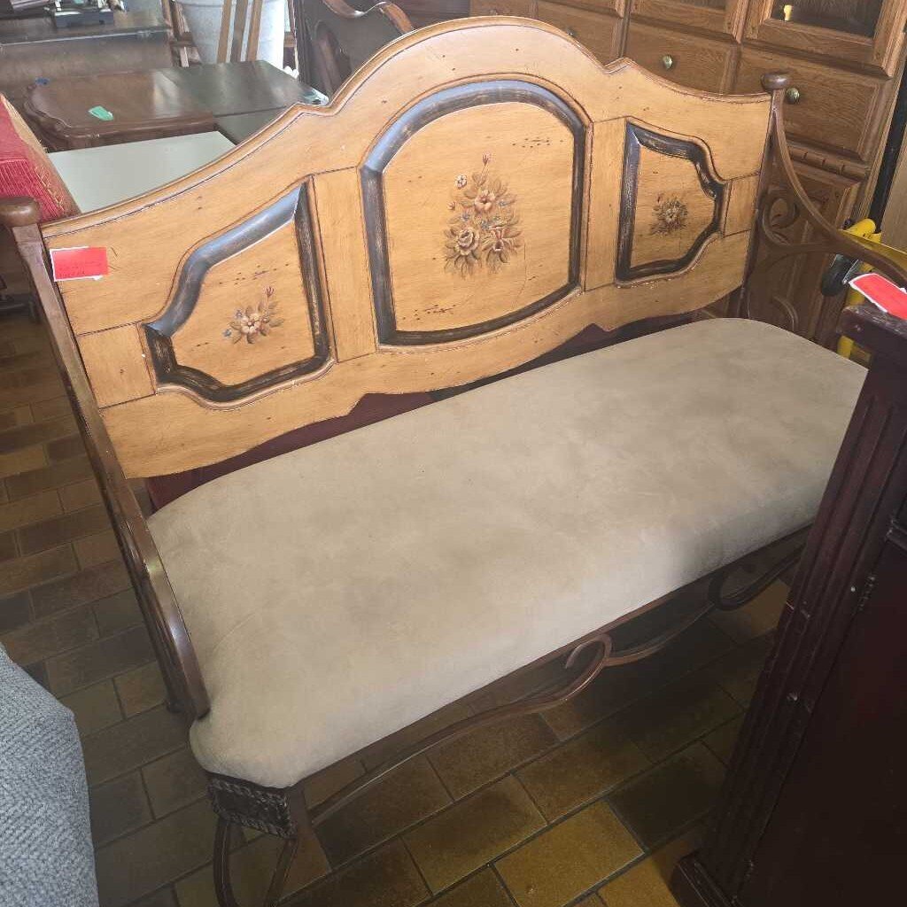 Metal & Wood Settee Bench With Floral Accent