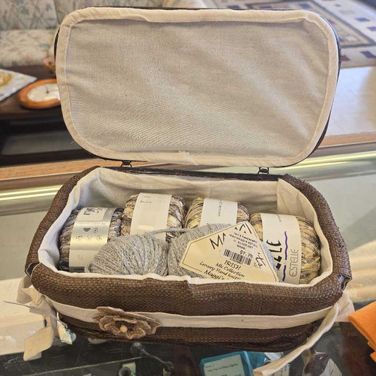 Wooden Wicker Box with Assorted Yarns