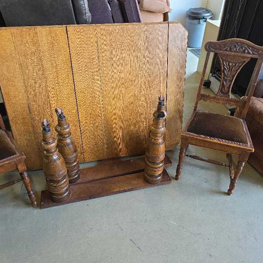 Antique Solid Wood Table on Wheels + 5 Chairs