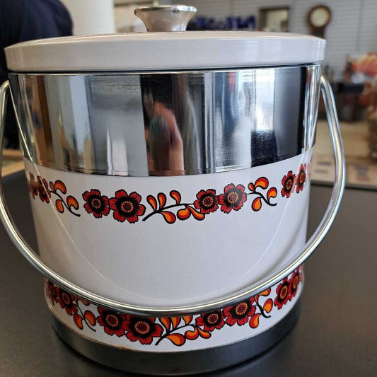 Vintage 1970's Ice Bucket W/Handle & Lid White W/Red Flower Design