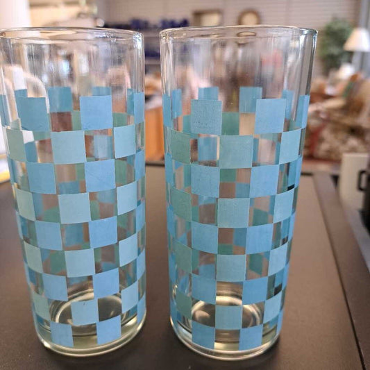 Vintage Libbey Blue Checkered Set of 2 Glasses