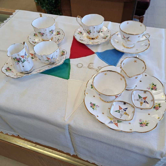 Vintage Royal Stafford Eastern Star Masonic Tea Set 15 Piece W/ Table Cloth