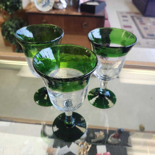 Set Of 3 Green/White Blown Out Glass Cups
