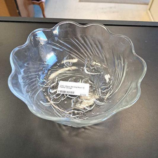 Clear Glass Serving Bowl W Flower Design