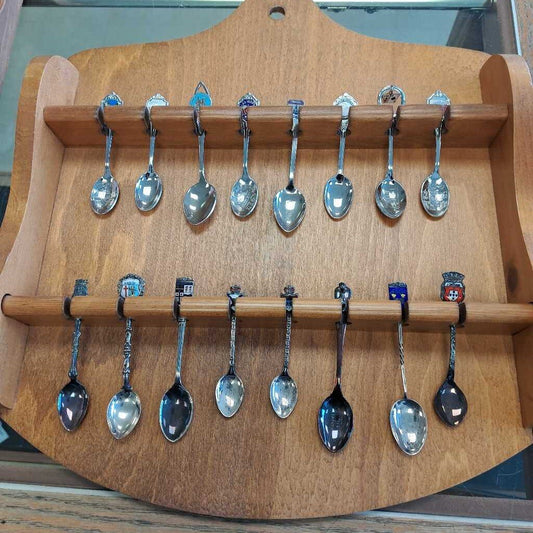 2 Shelf Wooden Spoon Rack & Collectors Spoons