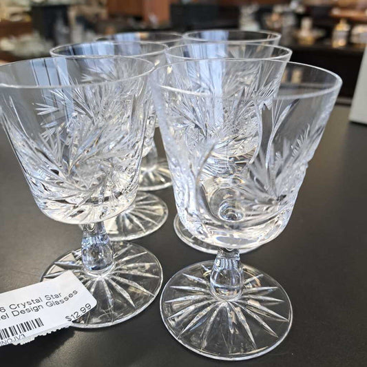 Set Of 6 Crystal Star Pinwheel Design Glasses