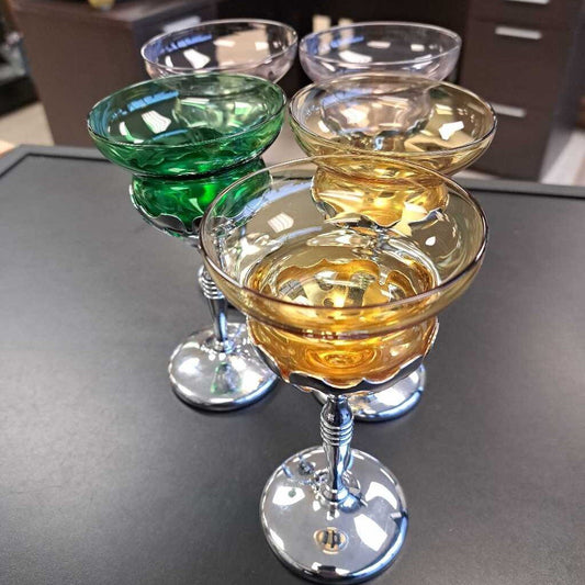 Set Of 5 Art Deco Farber Brothers Krome Kraft Coloured Crystal & Chrome Wine Glasses