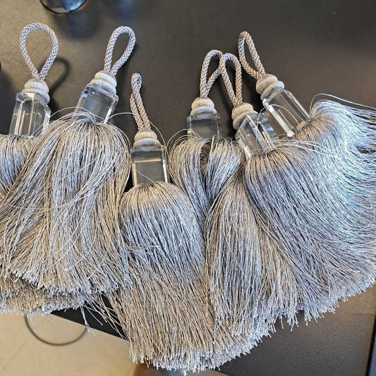 Set Of 6 Grey Tassles W/Clear Plastic Gem