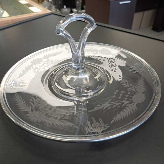 Etched Glass Center Handled Serving Plate W/Silver Edging