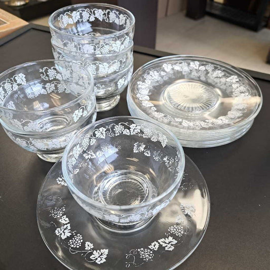 Set Of 6 Dominion Glass Grapevine Design Dessert Bowl W/Saucer
