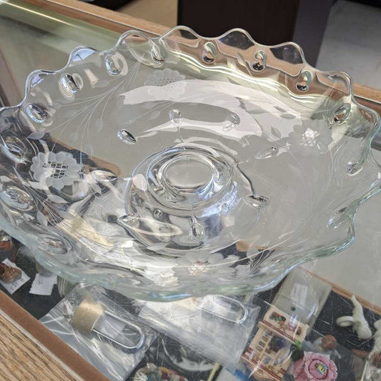 Vintage Etched Glass Flower Design Pedestal Serving Bowl
