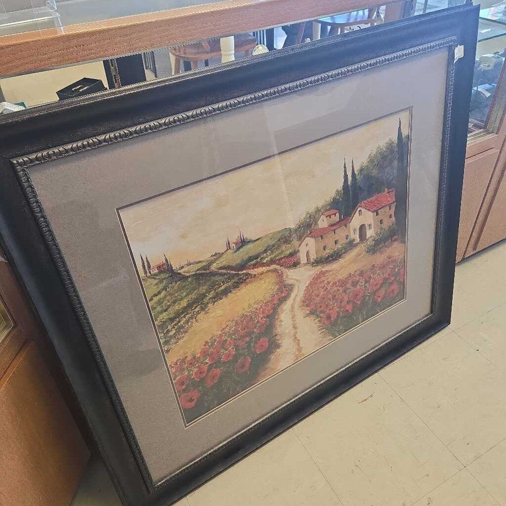 "Red poppy Road" Print In Wooden Frame