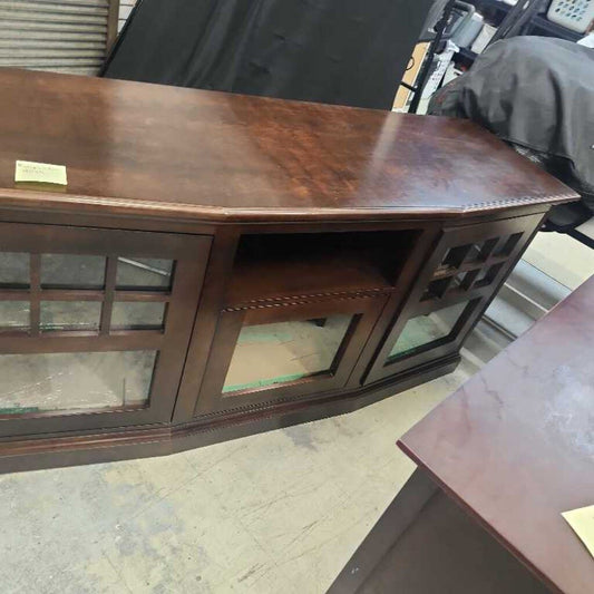 Warm Wood Finish TV Stand With Window Pane Doors