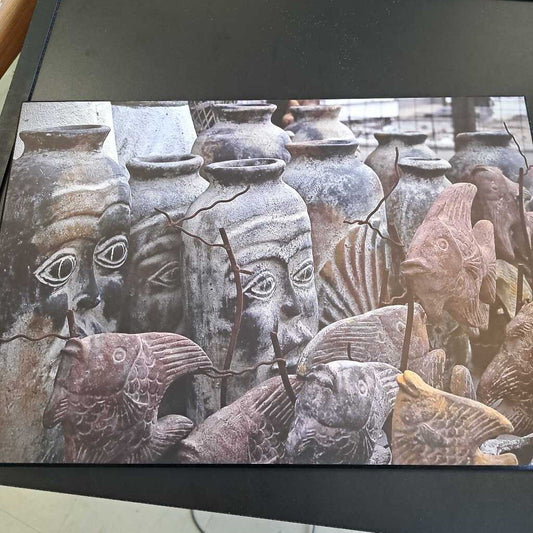 Picture Of Clay Pots & Clay Fish On Wood
