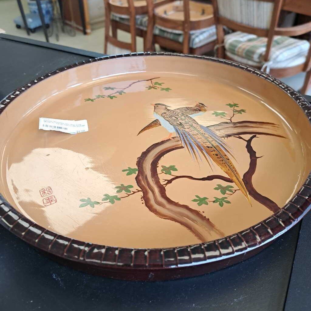 Round Wooden Serving Tray Made In Japan Pheasant Design