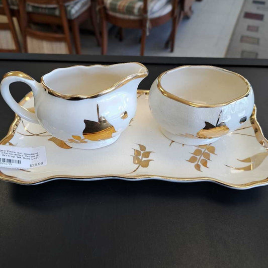 Vintage3 Piece Set Sandland Ware Staffordshire Cream & Sugar W/Tray 14k Gold Leaf