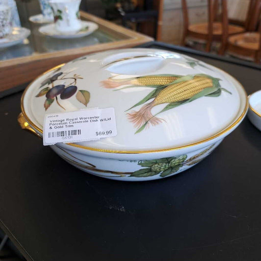 Vintage Royal Worcester Porcelain Casserole Dish W/Lid & Gold Trim