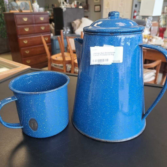 Vintage Blue Enamelware Coffee Perolator & Mug