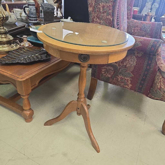 Vintage Round Pedestal Table With Glass Top And Drawer