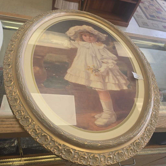 Vintage Gold Oval Girl With Basket Picture