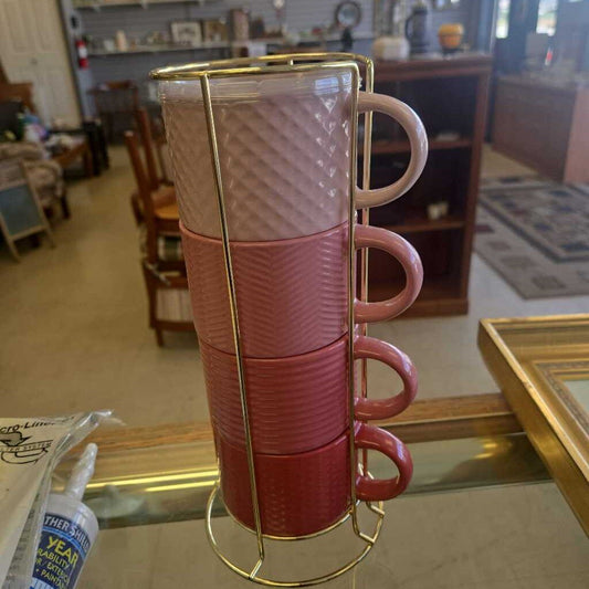 Textured Stacking Mugs With Gold Rack