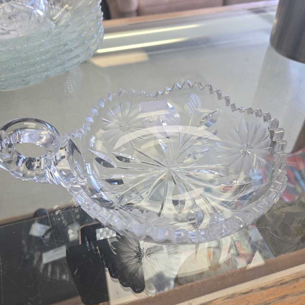 Cut Glass Flower Design Dish With Handle