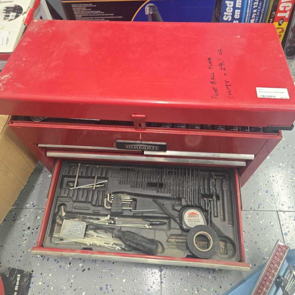 Red tool box with tools