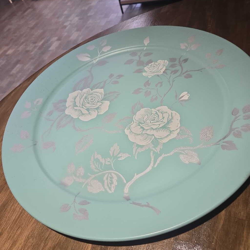 Vintage Round Metal Flower Serving Tray
