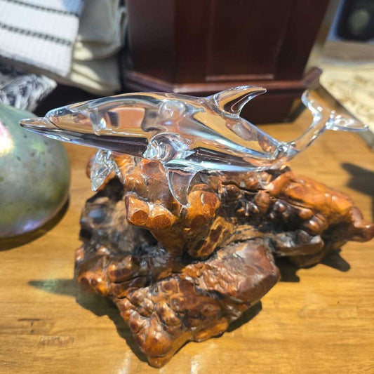 Glass Dolphin Sculpture On Burl Wood