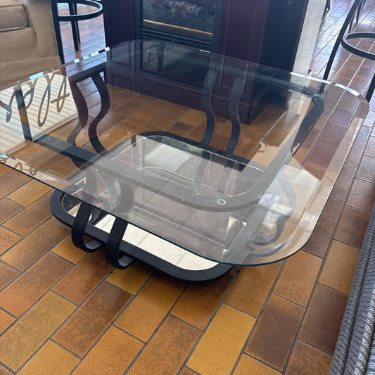 Glass Top Coffee Table w/ Mirrored Bottom Shelf