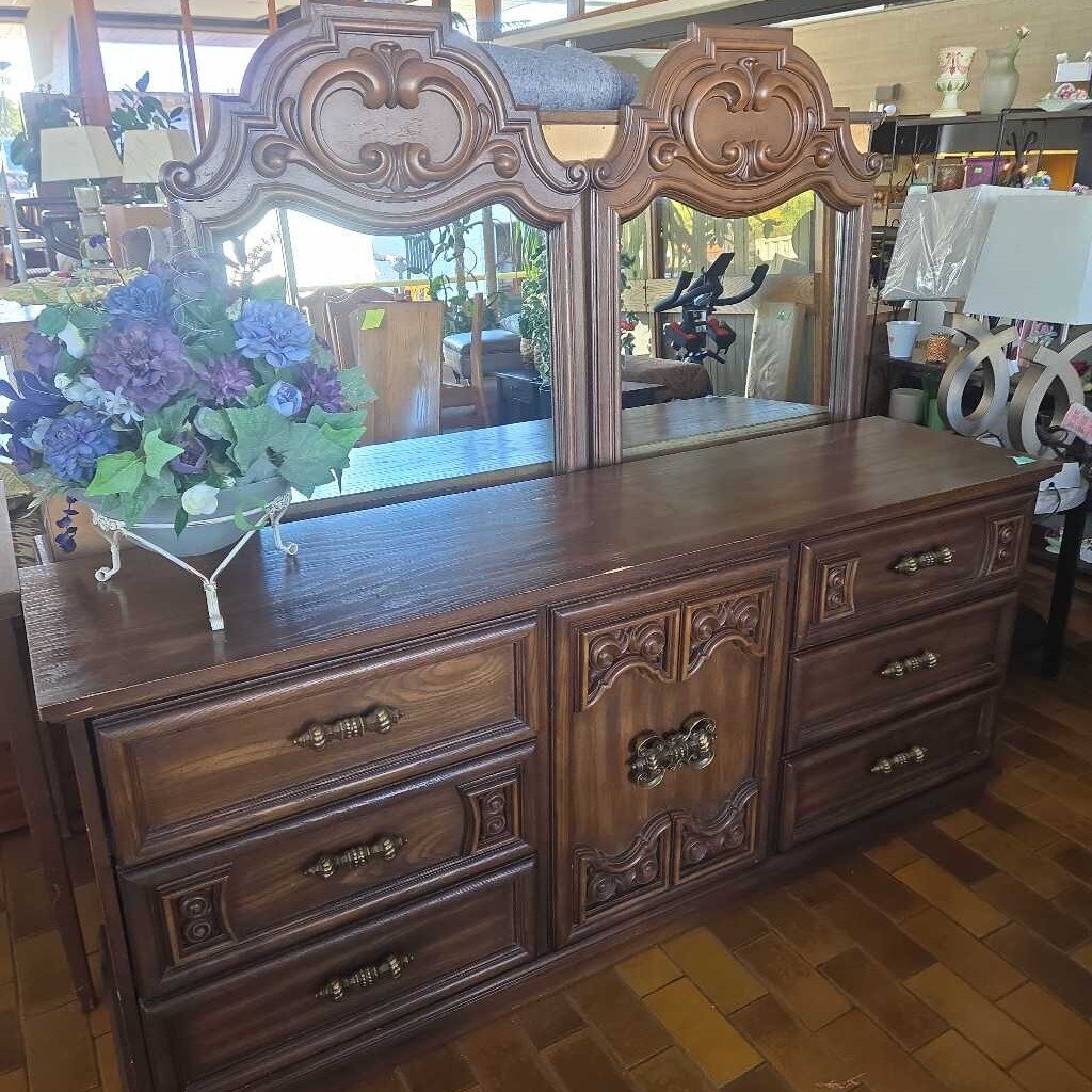 Vintage 1970s Mediterranean Style Dresser With 2 Ornate Mirrors
