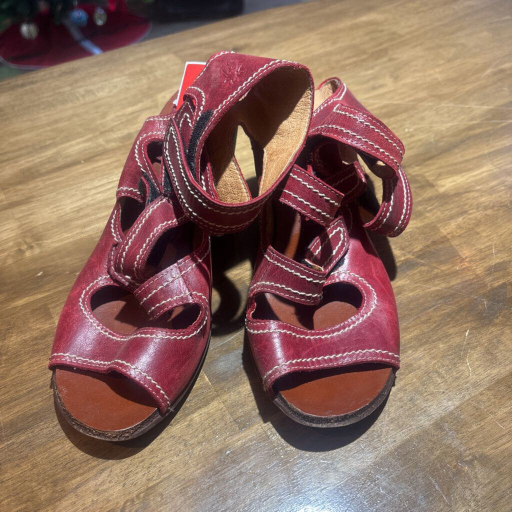 Red leather wedge sandals